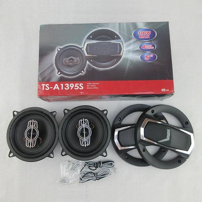 2 x 12.7 cm 4-way car coaxial speaker set with dust cover, audio cable, and full frequency door speaker.