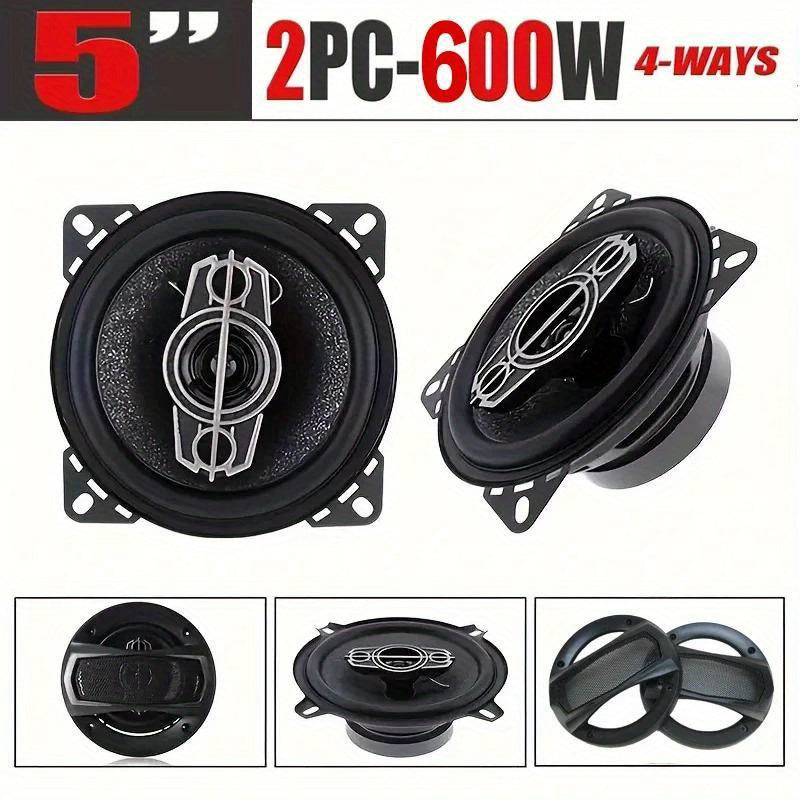 2 x 12.7 cm 4-way car coaxial speaker set with dust cover, audio cable, and full frequency door speaker.