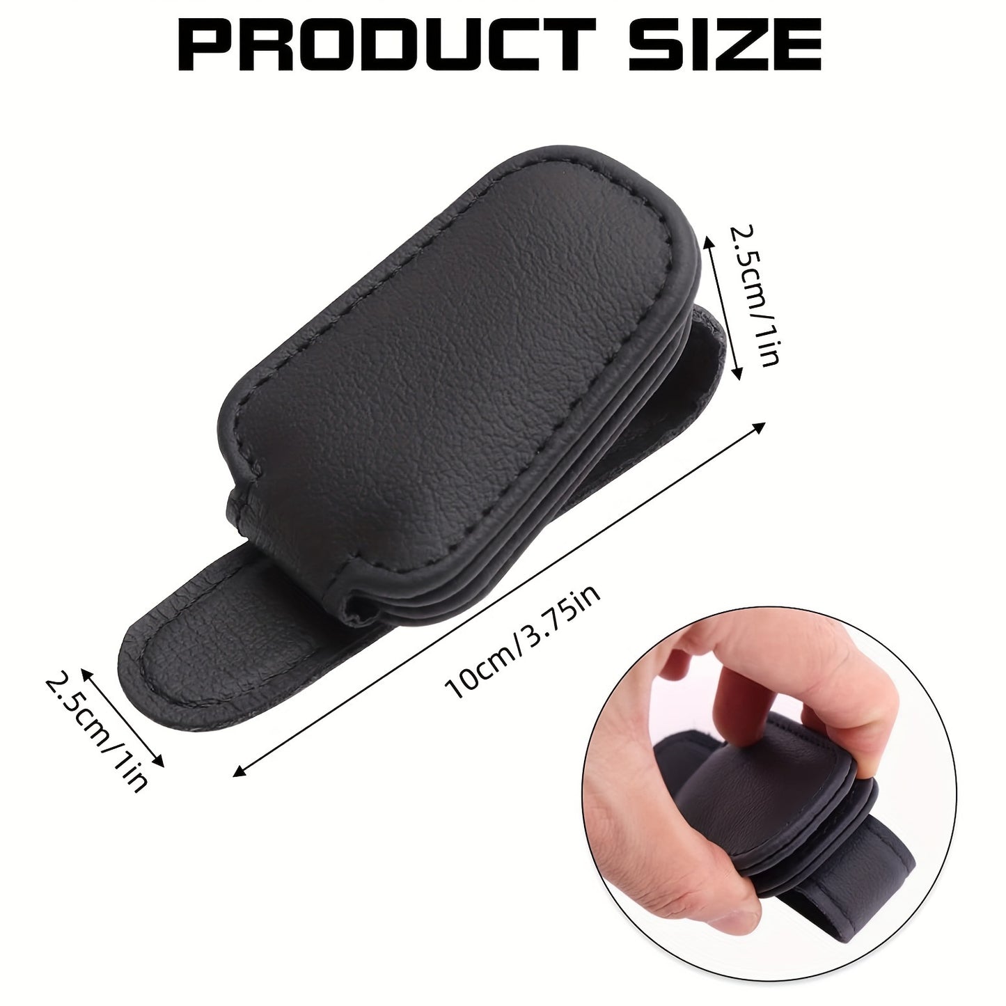 Stylish magnetic PU leather glasses holder for car visor with black textured grip. Compact design for easy access and secure storage.