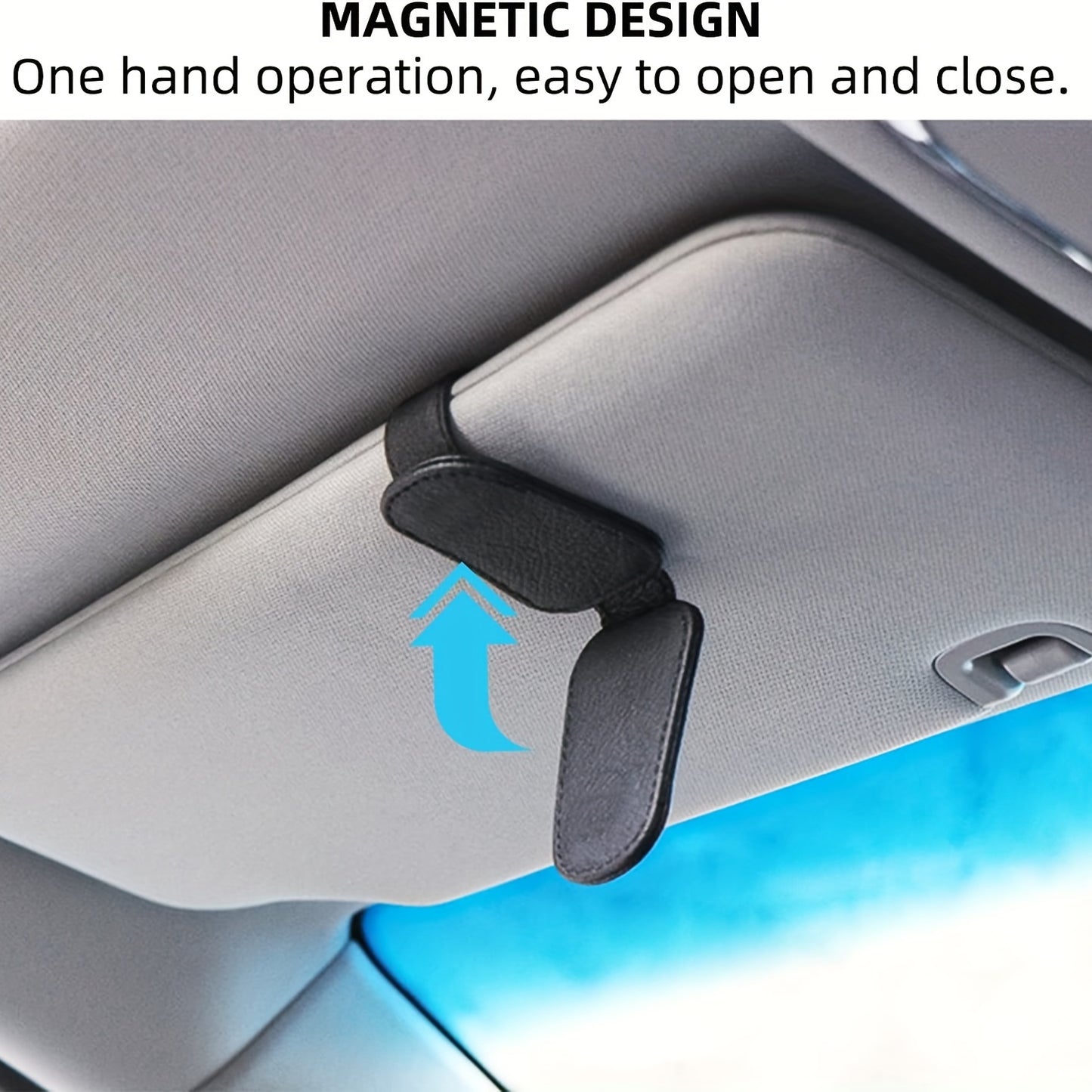 Stylish magnetic PU leather glasses holder for car visor with black textured grip. Compact design for easy access and secure storage.