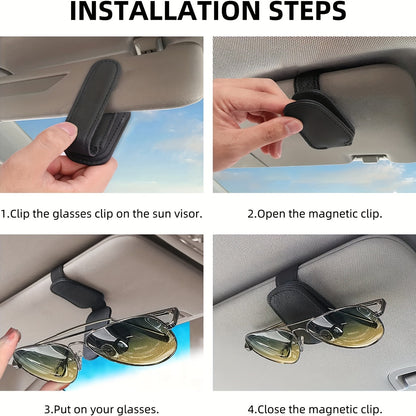 Stylish magnetic PU leather glasses holder for car visor with black textured grip. Compact design for easy access and secure storage.