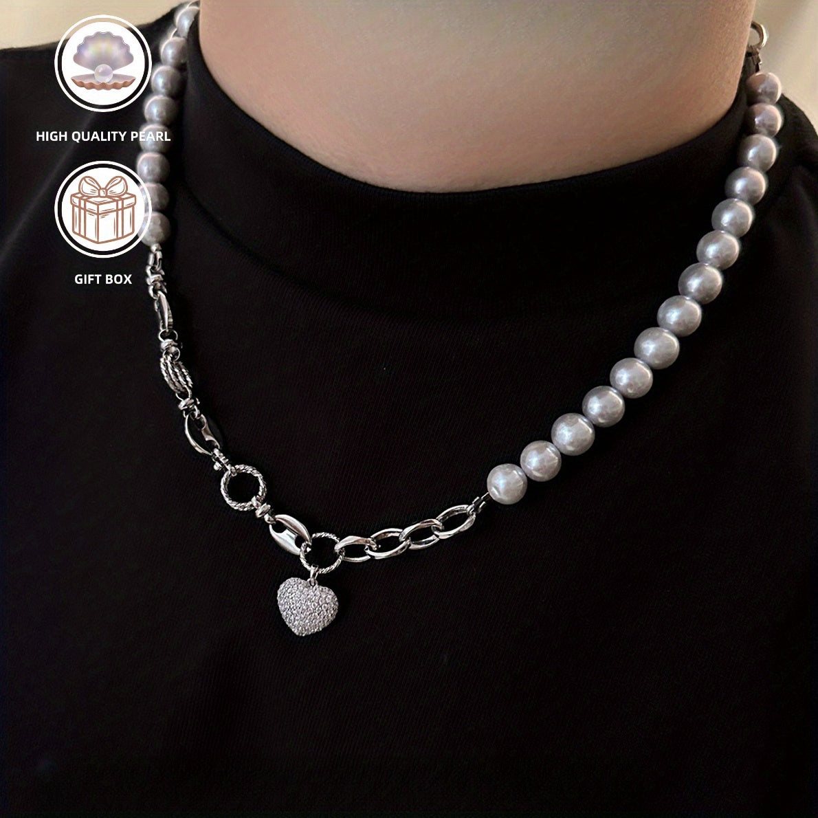 Vintage Punk-Style Chic Freshwater Pearl Necklace with Sparkling Heart Pendant - Ideal for Parties and Gift-Giving