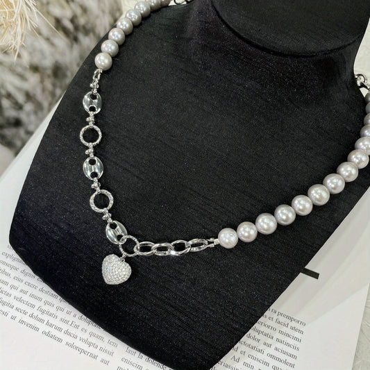 Vintage Punk-Style Chic Freshwater Pearl Necklace with Sparkling Heart Pendant - Ideal for Parties and Gift-Giving