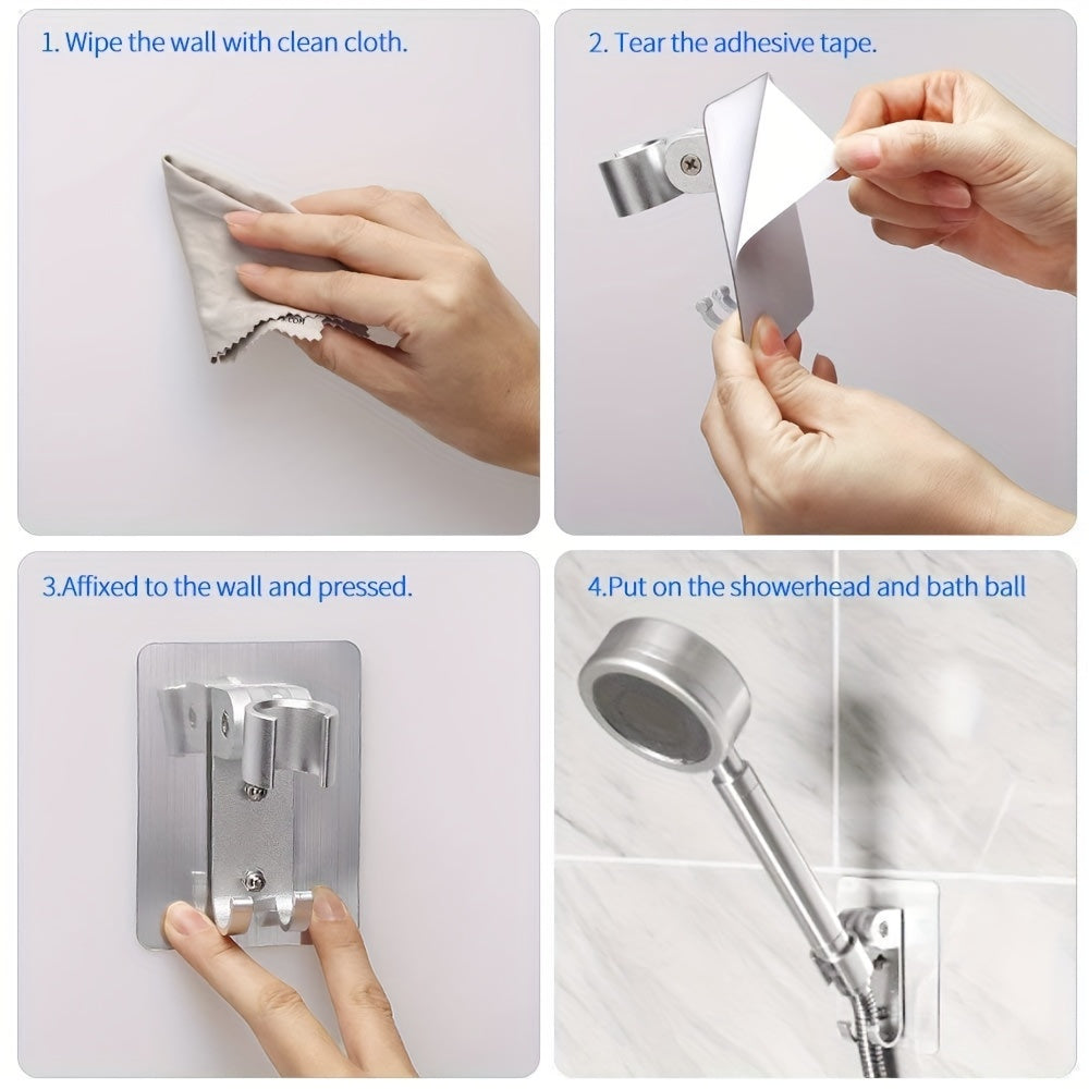 Aluminum shower head holder with 2 hook wall mount, adjustable and waterproof. Easy no-drill installation for bathroom accessories.