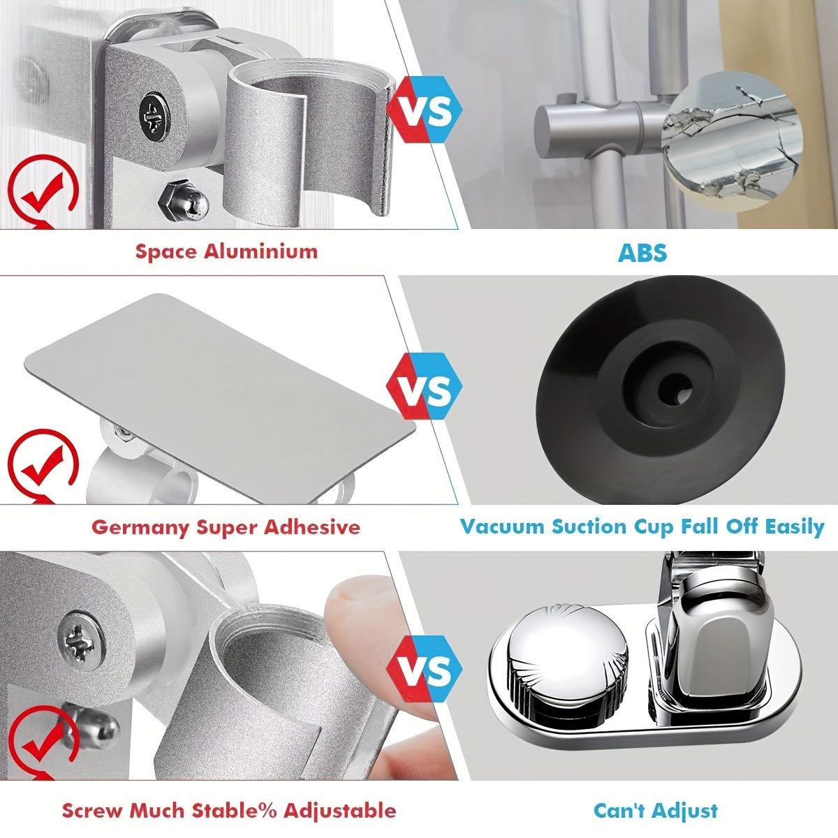 Aluminum shower head holder with 2 hook wall mount, adjustable and waterproof. Easy no-drill installation for bathroom accessories.