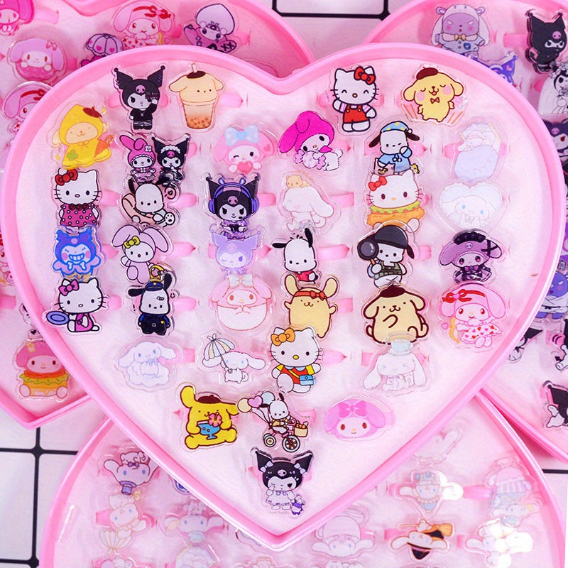 Set of 36 Sanrio Rings with Kuromi, Melody & Cinnamoroll Designs - Adorable Plastic Charm Rings for Everyday Use, Non-Metallic, Perfect for Every Season and Any Event