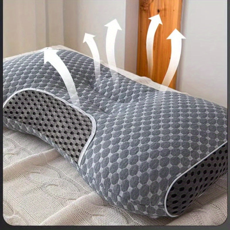 Ergonomically designed neck support pillow provides pain relief for back and stomach sleepers. Features a breathable polyester pillowcase that is washable. Includes a diamond pattern design and side bolster for added comfort. Ideal for those seeking