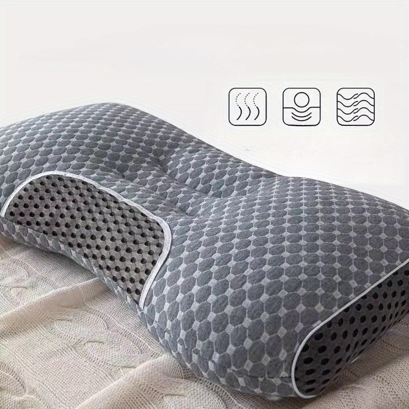 Ergonomically designed neck support pillow provides pain relief for back and stomach sleepers. Features a breathable polyester pillowcase that is washable. Includes a diamond pattern design and side bolster for added comfort. Ideal for those seeking