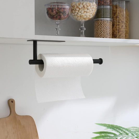 Stainless Steel Paper Towel Holder - Under Cabinet or Wall Mounted Design for Kitchen and Bathroom - Matte Black Finish with Adhesive Rack for Roll Towels