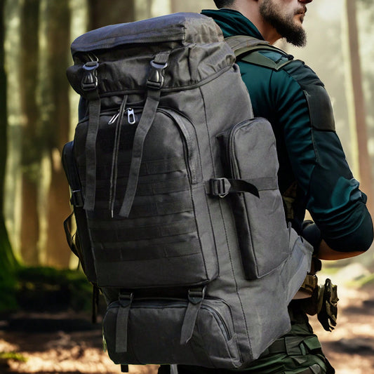 Durable 75L Camo Hiking Backpack, Waterproof and Stain-Resistant, Adjustable Straps for Outdoor Adventures.