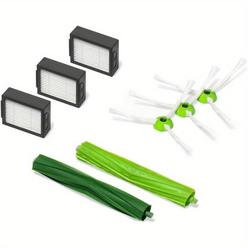 Replacement kit for Irobot E, I, and J Series, featuring 8 pieces that are compatible with various models including I1, I7, I3, I4, I8, J7, E5, E6, and E7. This kit includes 2 roller brushes, 3 HEPA filters, and 3 side brushes, making it perfect for