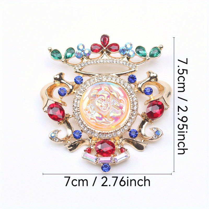 Old-fashioned Sleeping Beauty relief brooch with rhinestones, perfect for ladies wearing classic court dresses.