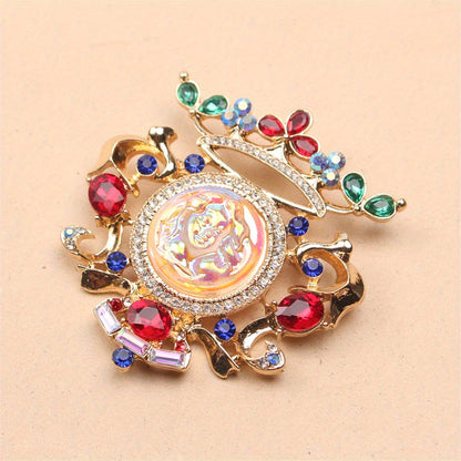 Old-fashioned Sleeping Beauty relief brooch with rhinestones, perfect for ladies wearing classic court dresses.