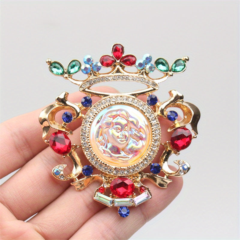 Old-fashioned Sleeping Beauty relief brooch with rhinestones, perfect for ladies wearing classic court dresses.