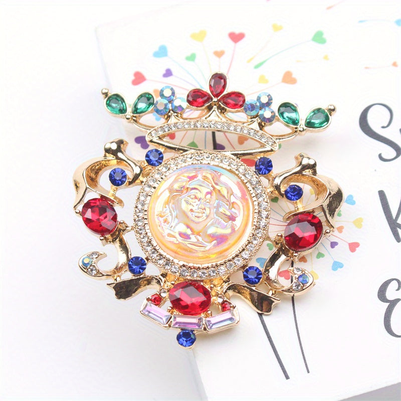 Old-fashioned Sleeping Beauty relief brooch with rhinestones, perfect for ladies wearing classic court dresses.