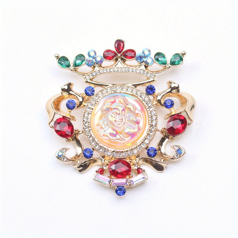 Old-fashioned Sleeping Beauty relief brooch with rhinestones, perfect for ladies wearing classic court dresses.