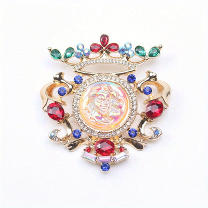 Old-fashioned Sleeping Beauty relief brooch with rhinestones, perfect for ladies wearing classic court dresses.