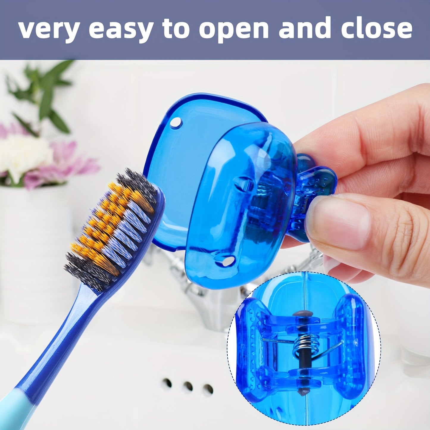 Four-pack of travel-friendly toothbrush head covers in an easy open and close storage box, essential for home and travel. Alcohol-free toothbrush protector case.