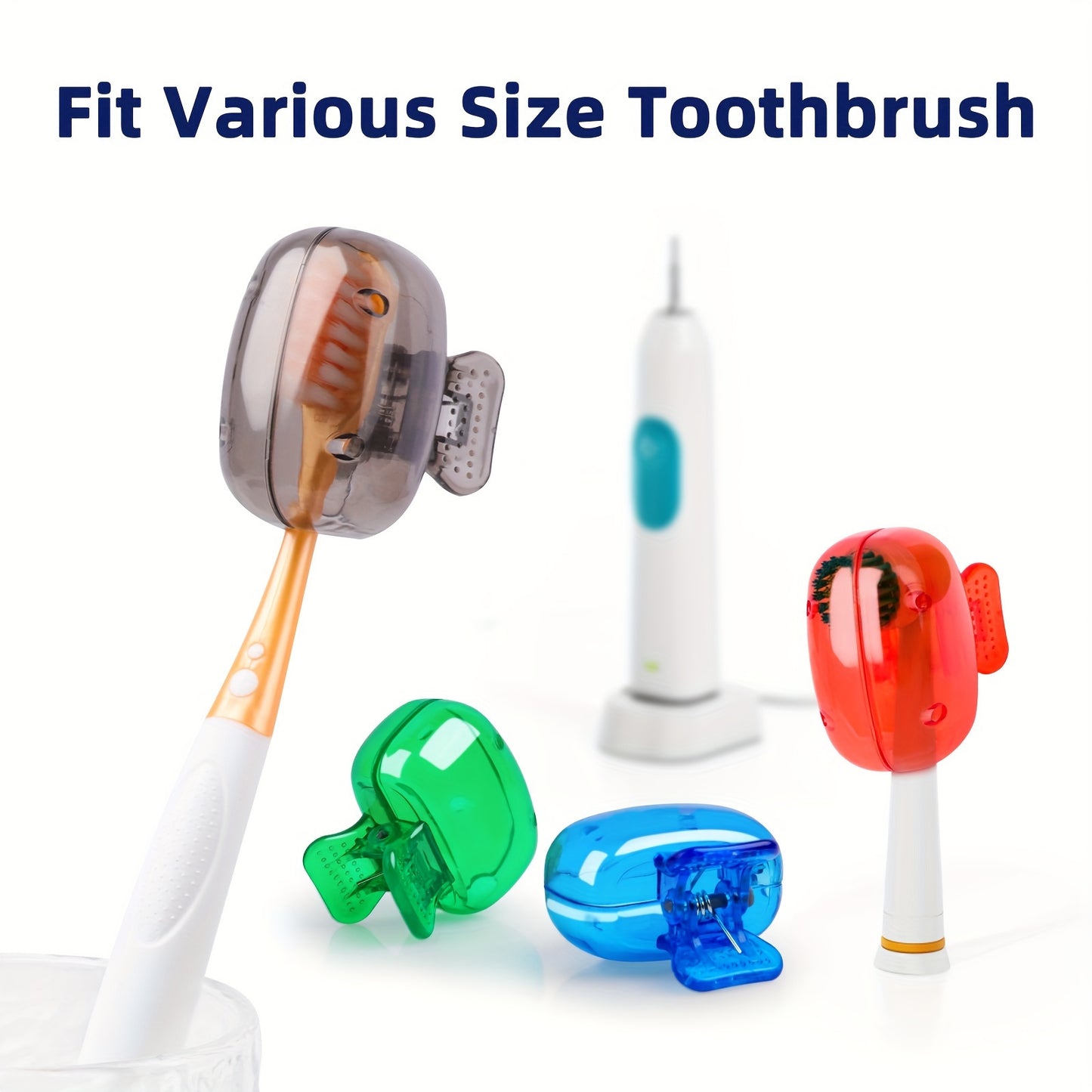 Four-pack of travel-friendly toothbrush head covers in an easy open and close storage box, essential for home and travel. Alcohol-free toothbrush protector case.