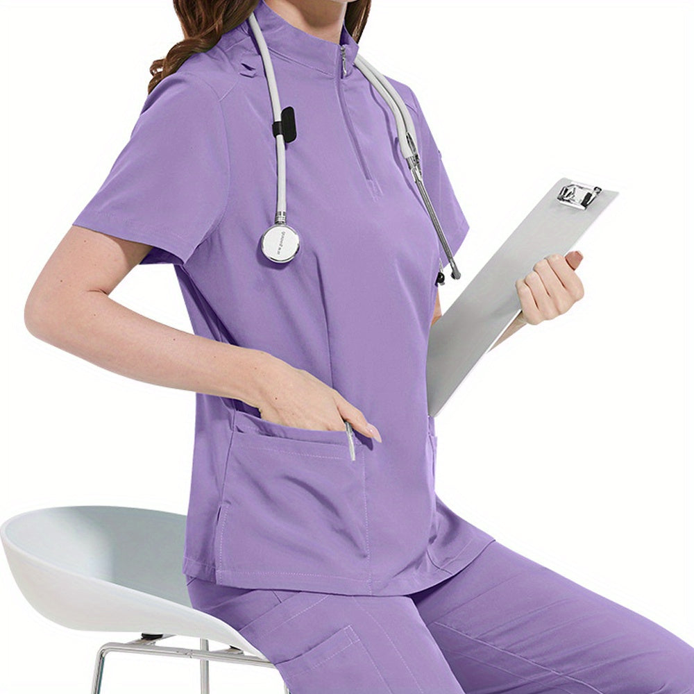 Professional women's ICU nurse scrub set with solid color, stand-up collar, pockets, and comfort fit for dental and surgical use.