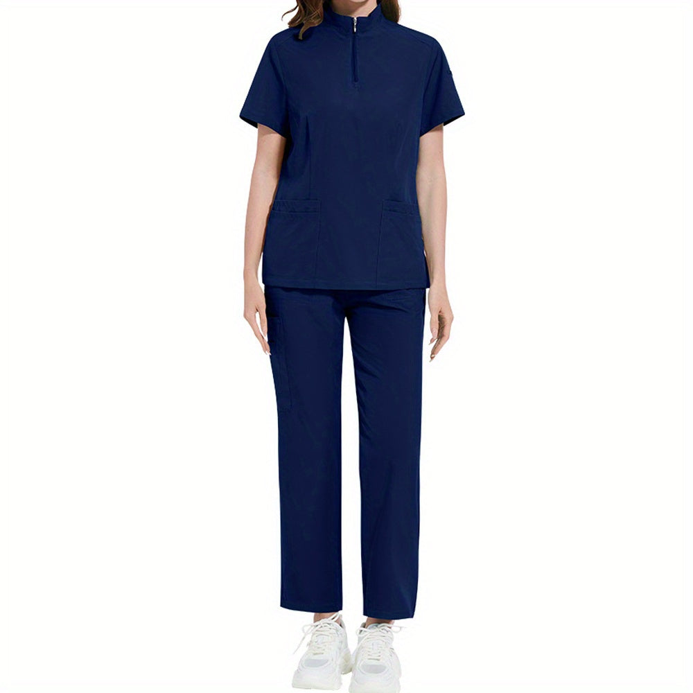 Professional women's ICU nurse scrub set with solid color, stand-up collar, pockets, and comfort fit for dental and surgical use.