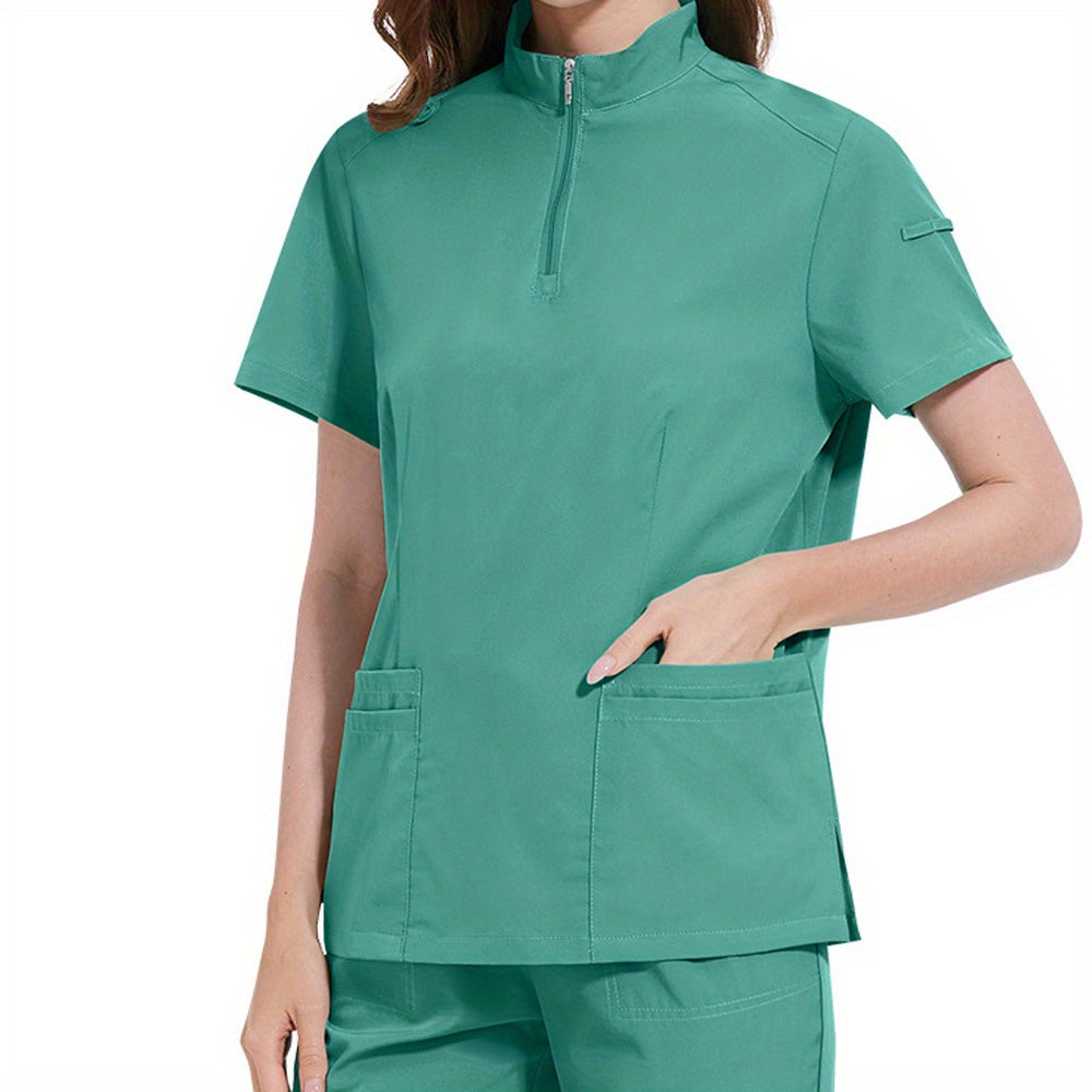 Professional women's ICU nurse scrub set with solid color, stand-up collar, pockets, and comfort fit for dental and surgical use.