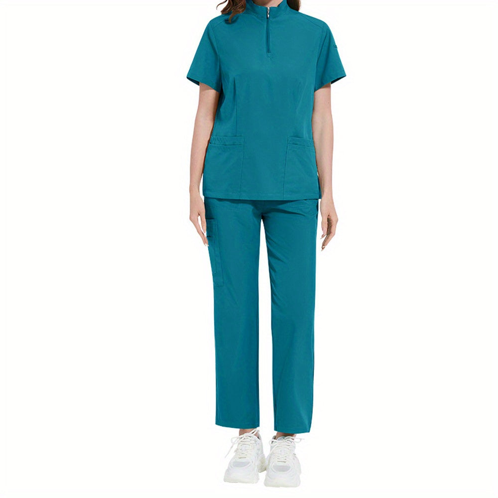 Professional women's ICU nurse scrub set with solid color, stand-up collar, pockets, and comfort fit for dental and surgical use.