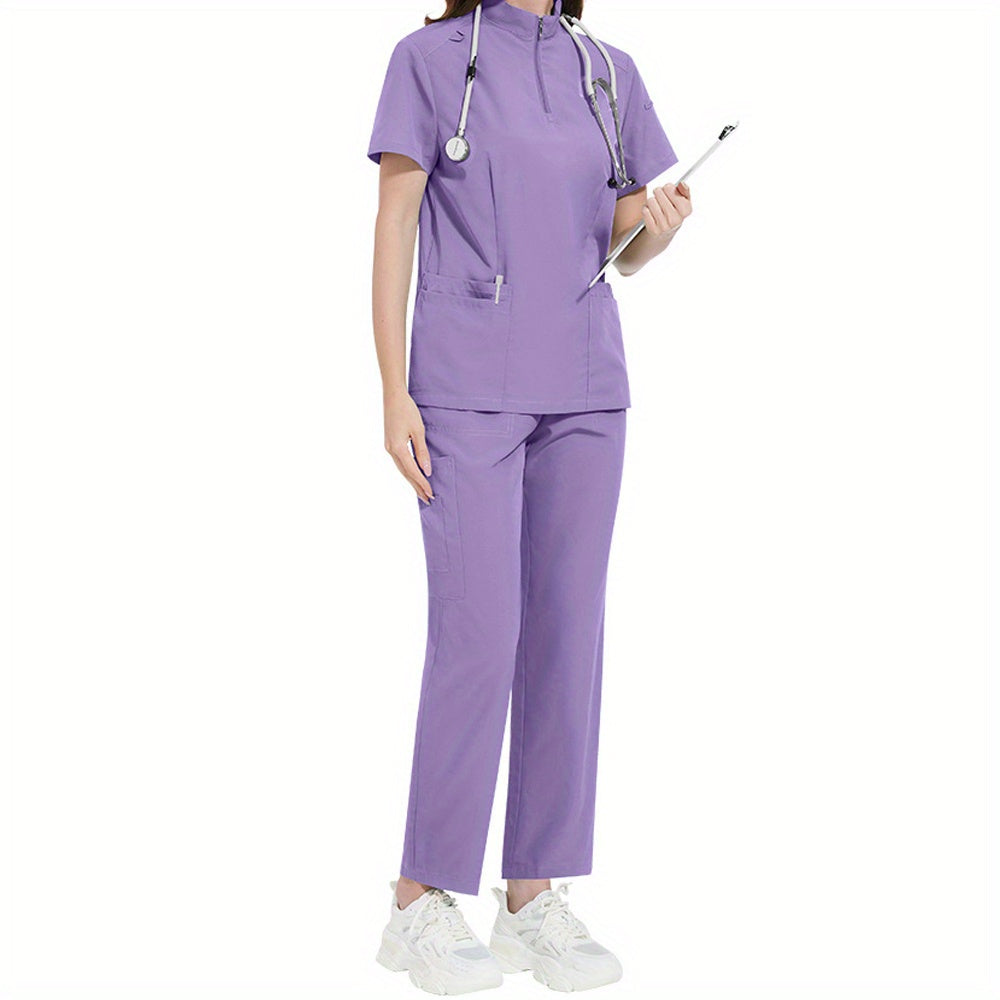 Professional women's ICU nurse scrub set with solid color, stand-up collar, pockets, and comfort fit for dental and surgical use.