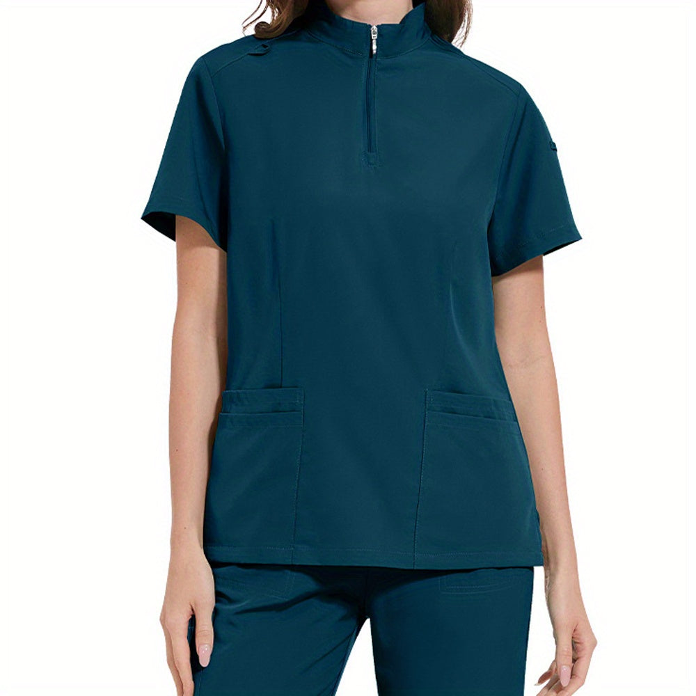 Professional women's ICU nurse scrub set with solid color, stand-up collar, pockets, and comfort fit for dental and surgical use.