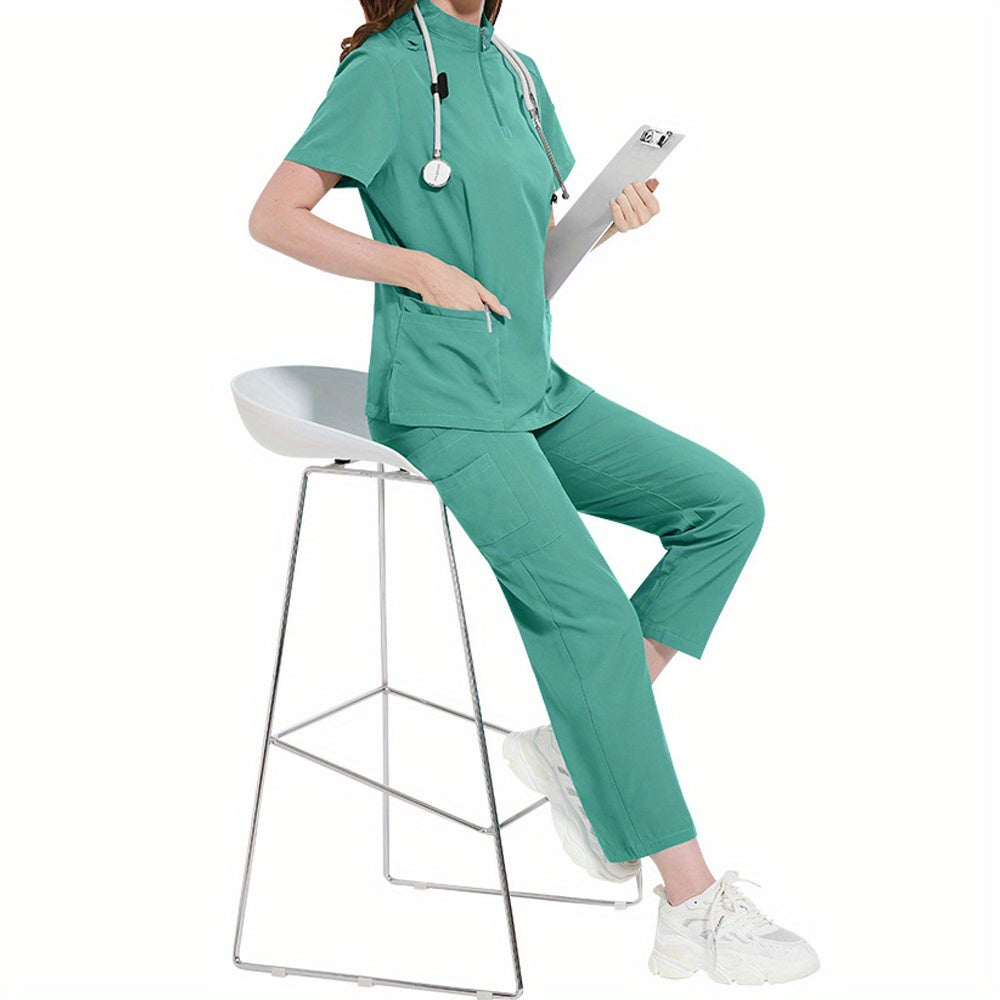 Professional women's ICU nurse scrub set with solid color, stand-up collar, pockets, and comfort fit for dental and surgical use.