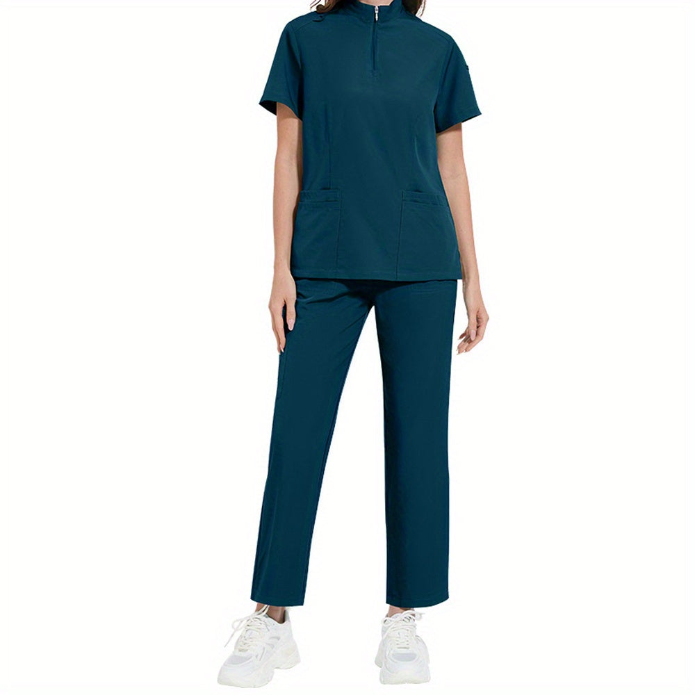 Professional women's ICU nurse scrub set with solid color, stand-up collar, pockets, and comfort fit for dental and surgical use.