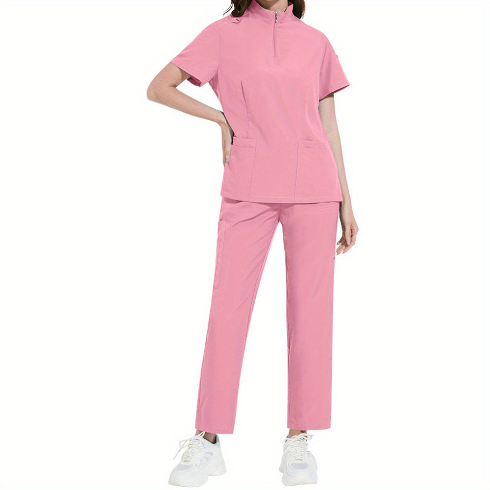 Professional women's ICU nurse scrub set with solid color, stand-up collar, pockets, and comfort fit for dental and surgical use.