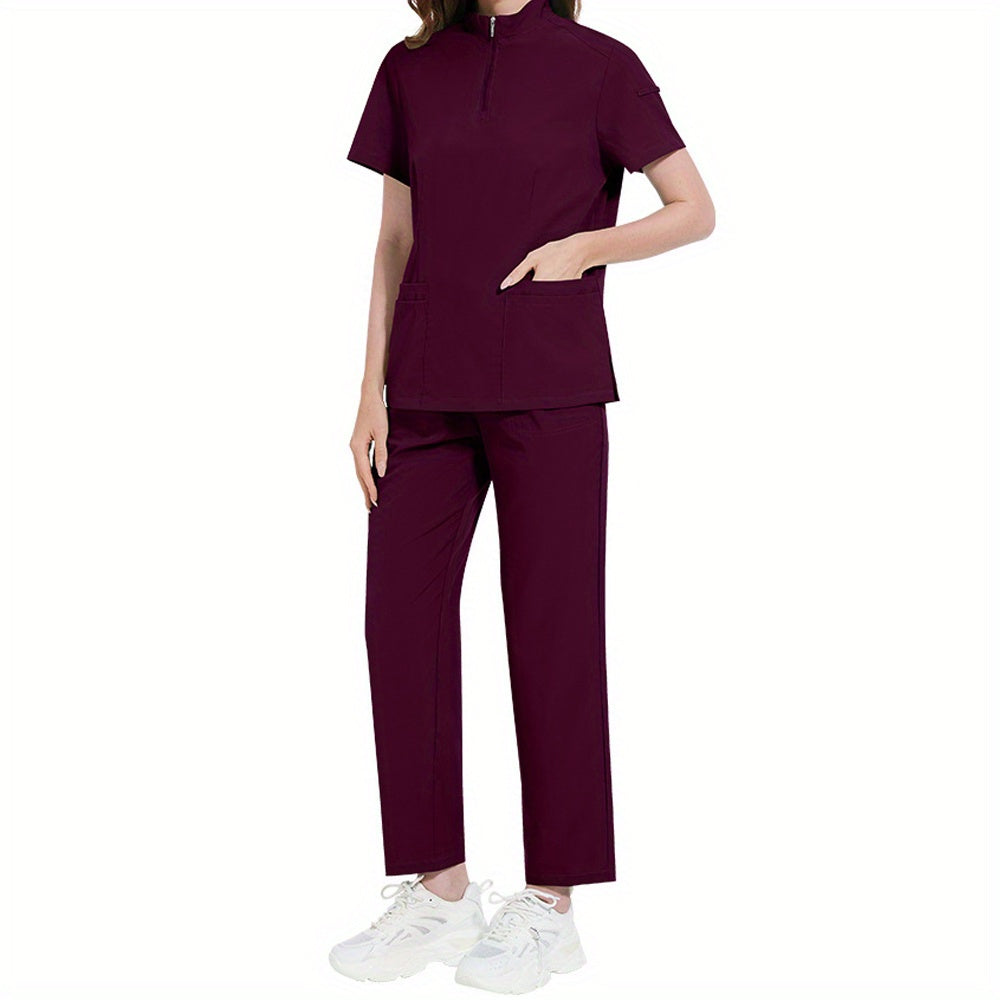 Professional women's ICU nurse scrub set with solid color, stand-up collar, pockets, and comfort fit for dental and surgical use.