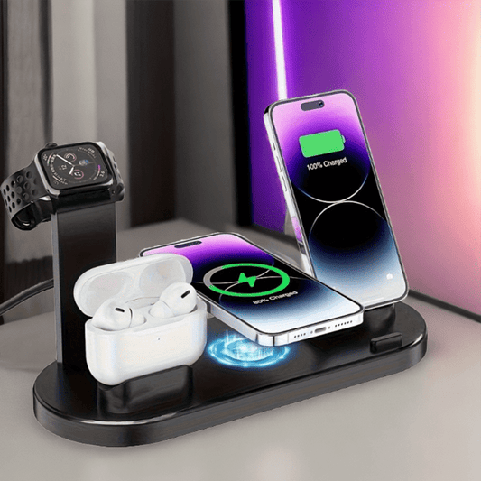 3-in-1 wireless charging station for iPhone, AirPods, and Samsung devices.