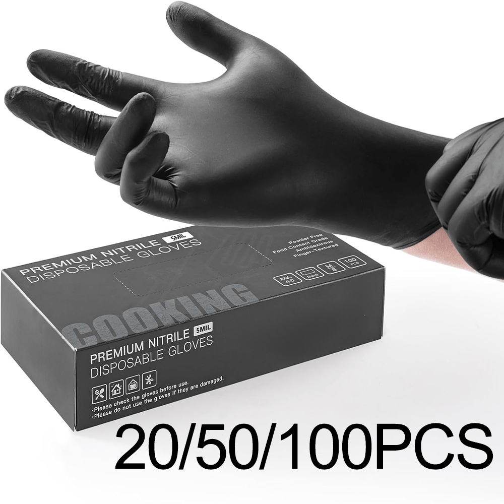 Black Disposable Nitrile Gloves available in packs of 20, 50, or 100. Ideal for use in food handling, kitchen and bathroom cleaning, performing beauty tasks, and using household tools.