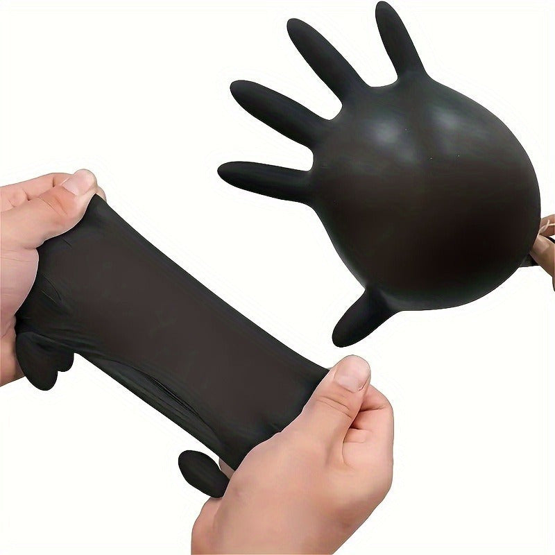 Black Disposable Nitrile Gloves available in packs of 20, 50, or 100. Ideal for use in food handling, kitchen and bathroom cleaning, performing beauty tasks, and using household tools.