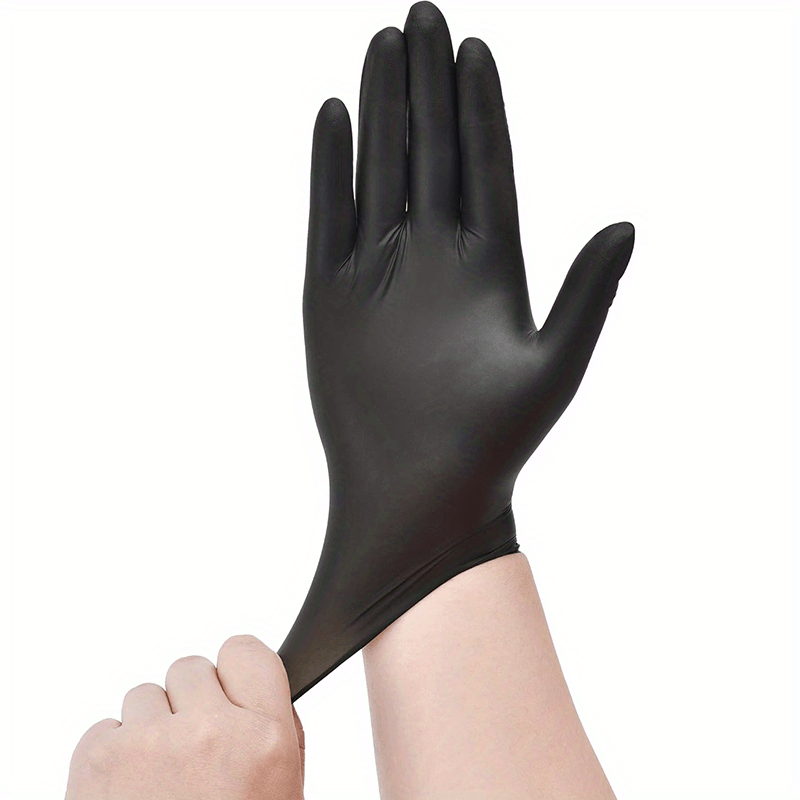 Black Disposable Nitrile Gloves available in packs of 20, 50, or 100. Ideal for use in food handling, kitchen and bathroom cleaning, performing beauty tasks, and using household tools.