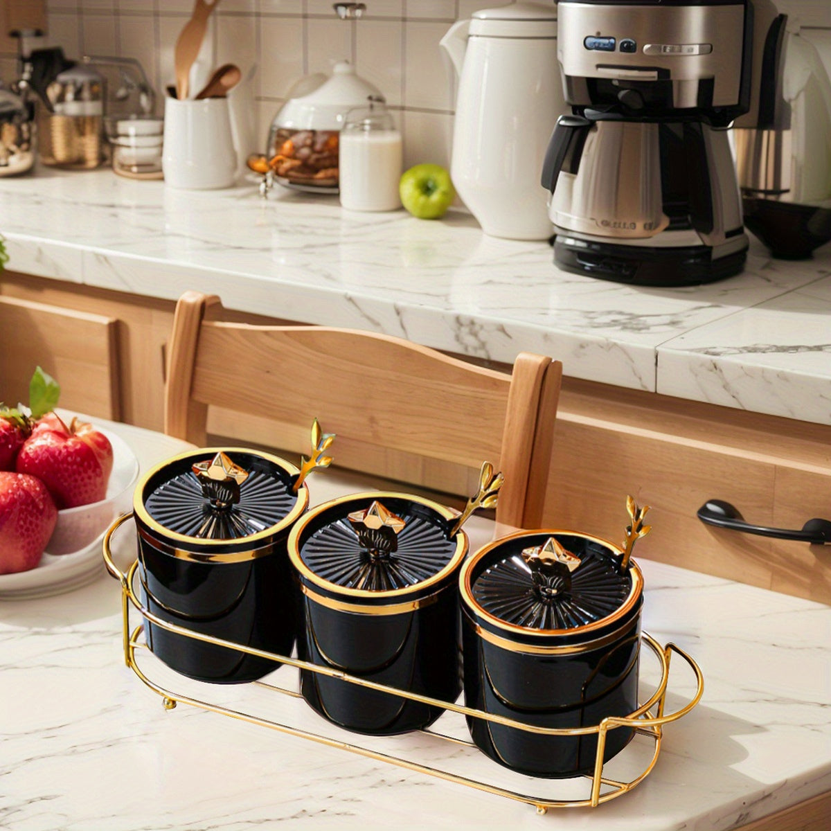 Household kitchen storage set includes iron and plastic seasoning jars with storage tray.