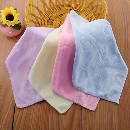 Set of 4 ultra-soft microfiber towels in pastel colors with cartoon dot pattern, perfect for bathroom and kitchen use.