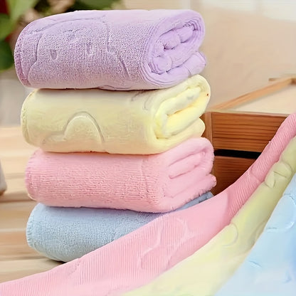 Set of 4 ultra-soft microfiber towels in pastel colors with cartoon dot pattern, perfect for bathroom and kitchen use.