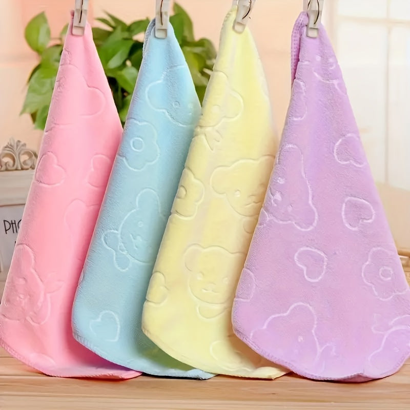 Set of 4 ultra-soft microfiber towels in pastel colors with cartoon dot pattern, perfect for bathroom and kitchen use.