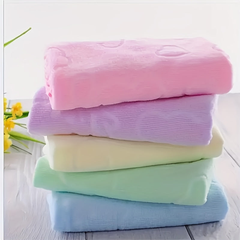 Set of 4 ultra-soft microfiber towels in pastel colors with cartoon dot pattern, perfect for bathroom and kitchen use.