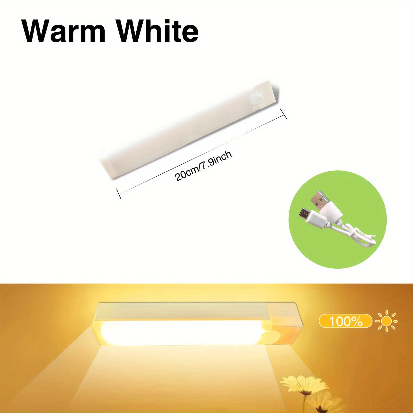 USB Rechargeable LED motion sensor light bar for indoor use. White plastic, energy efficient, and durable. Suitable for various spaces including walls, cabinets, pantries, staircases