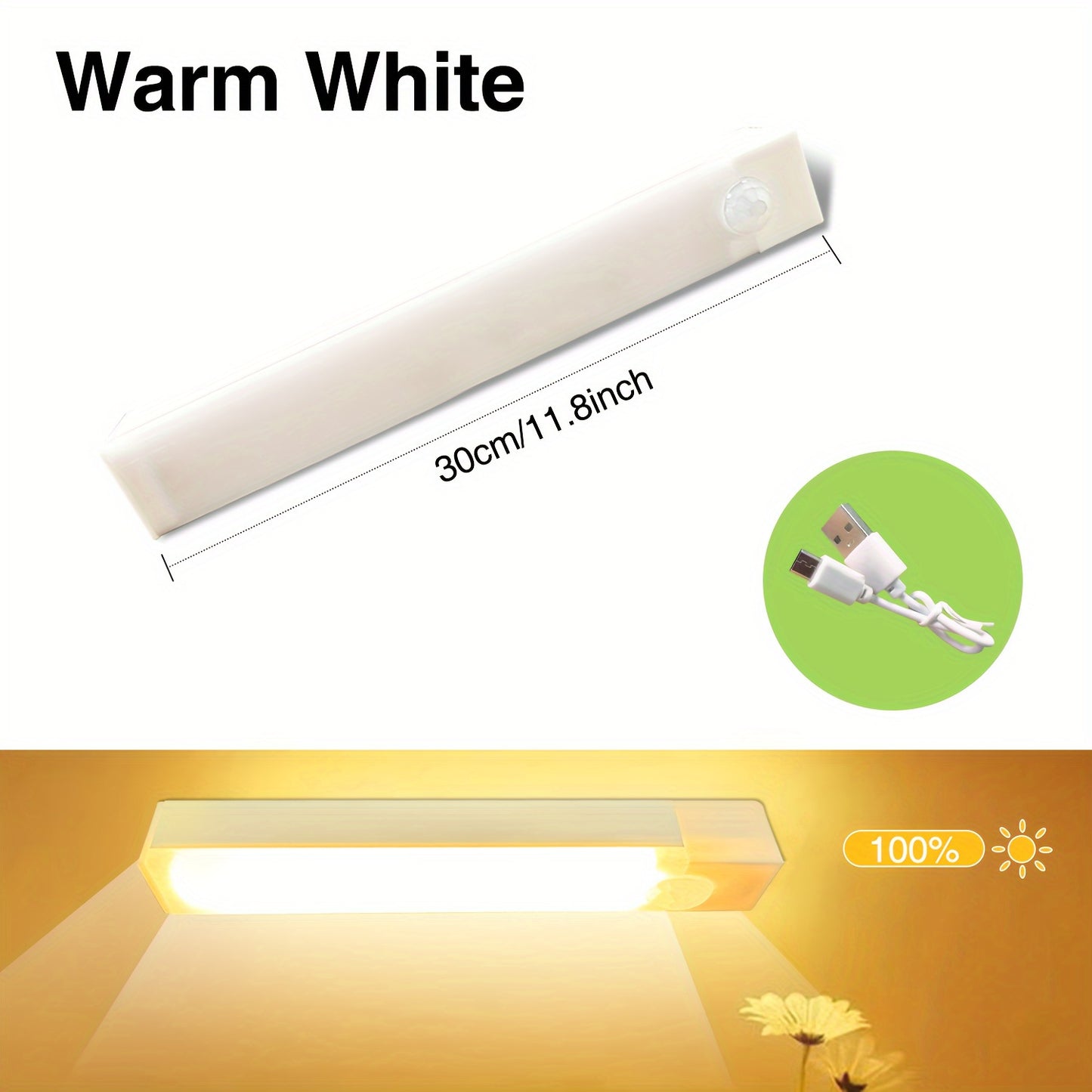 USB Rechargeable LED motion sensor light bar for indoor use. White plastic, energy efficient, and durable. Suitable for various spaces including walls, cabinets, pantries, staircases