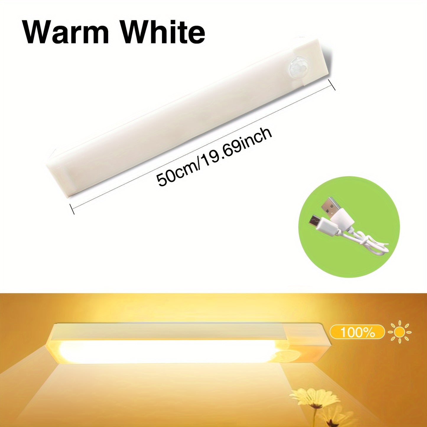 USB Rechargeable LED motion sensor light bar for indoor use. White plastic, energy efficient, and durable. Suitable for various spaces including walls, cabinets, pantries, staircases