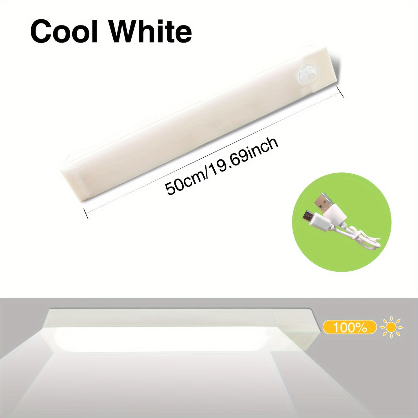 USB Rechargeable LED motion sensor light bar for indoor use. White plastic, energy efficient, and durable. Suitable for various spaces including walls, cabinets, pantries, staircases