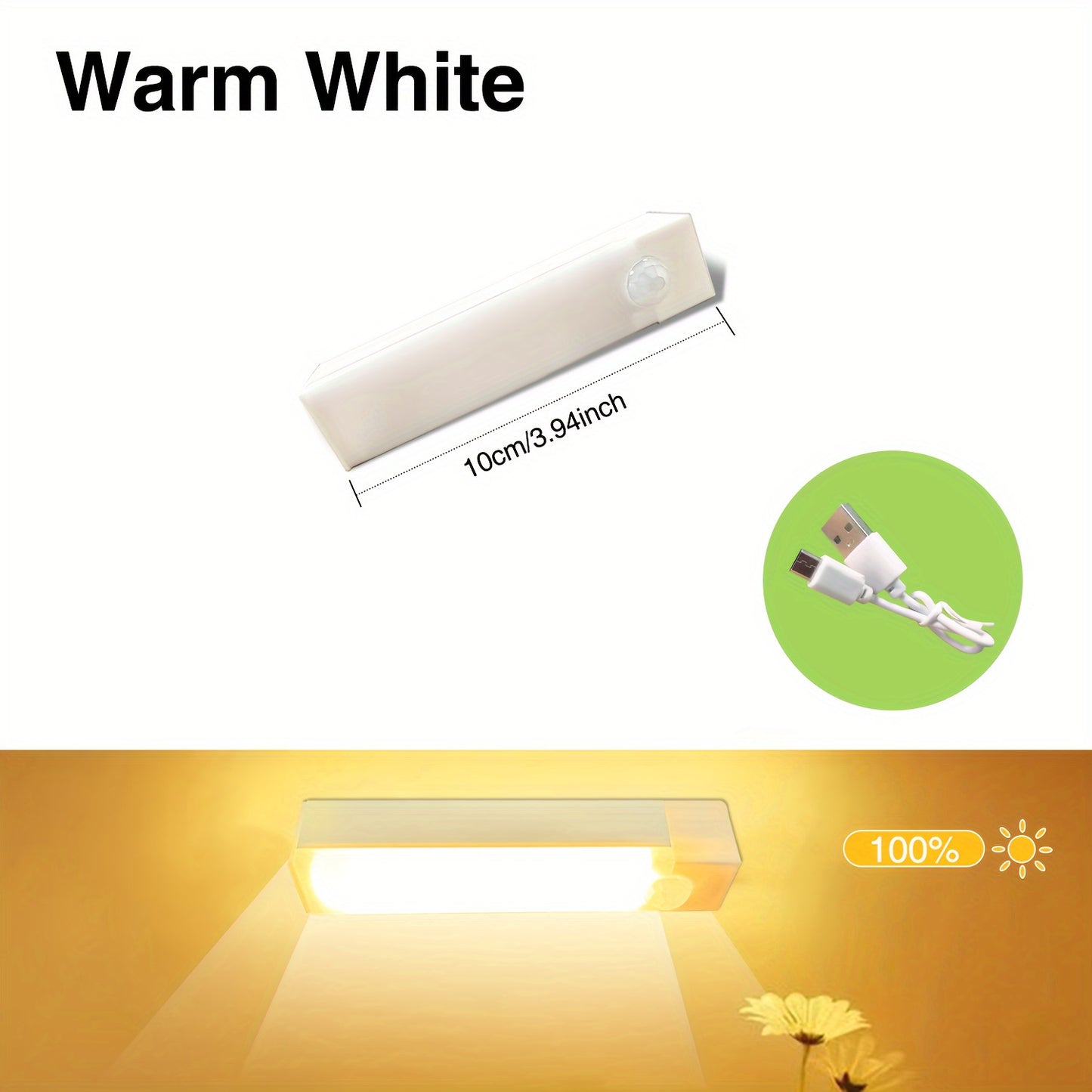 USB Rechargeable LED motion sensor light bar for indoor use. White plastic, energy efficient, and durable. Suitable for various spaces including walls, cabinets, pantries, staircases