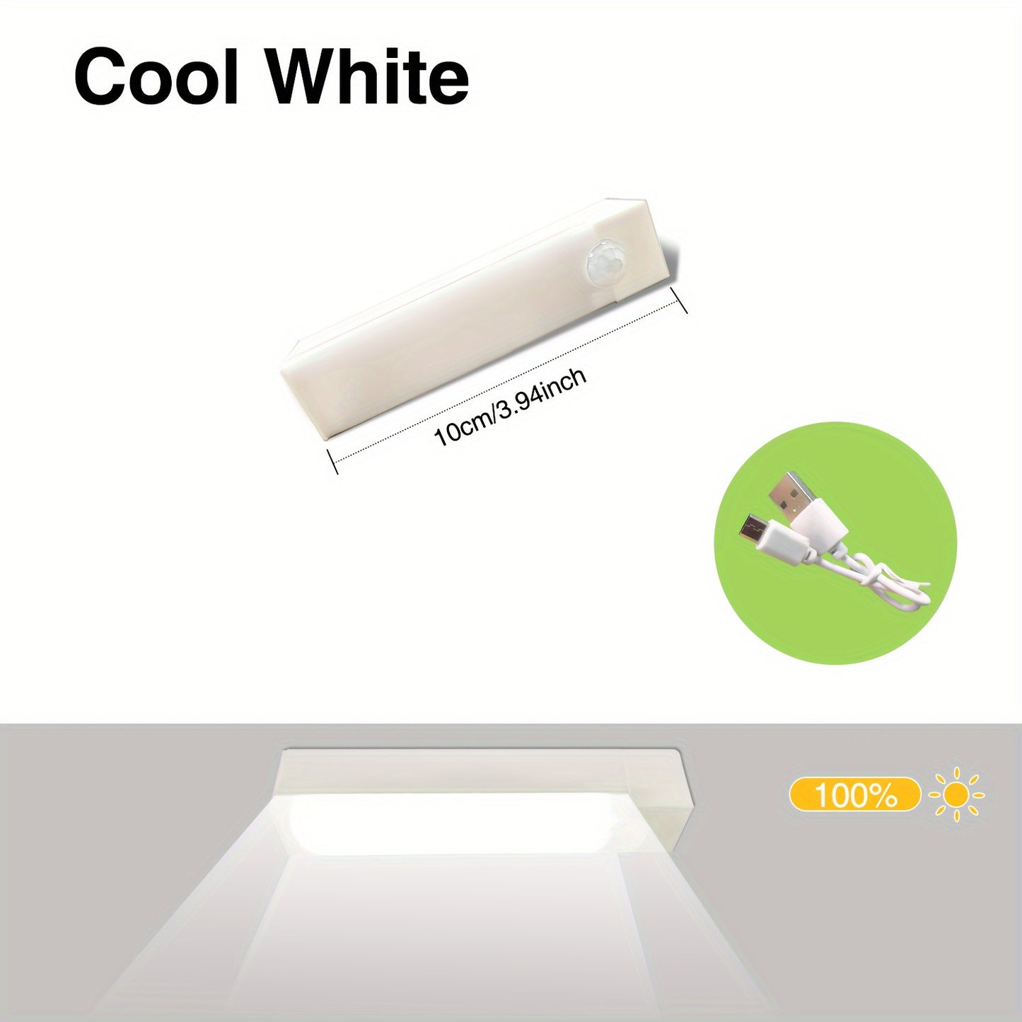 USB Rechargeable LED motion sensor light bar for indoor use. White plastic, energy efficient, and durable. Suitable for various spaces including walls, cabinets, pantries, staircases