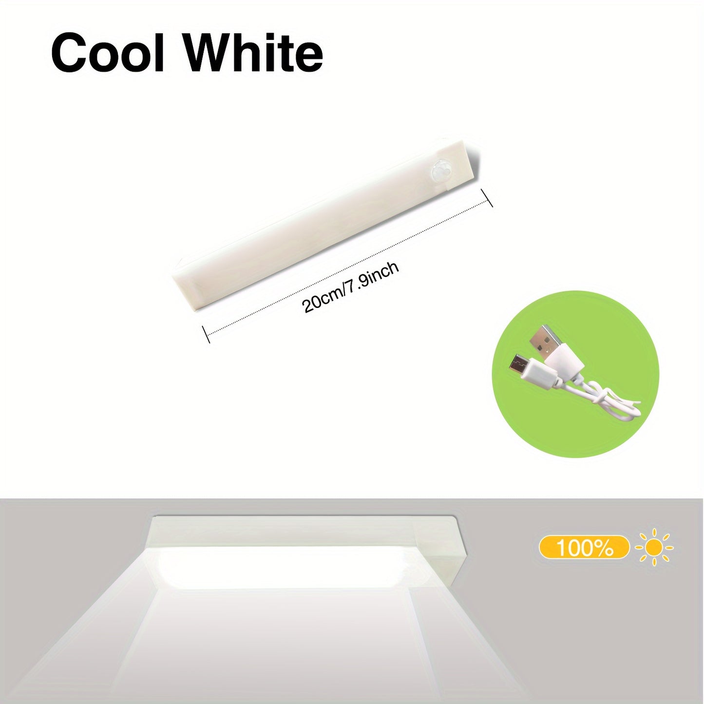 USB Rechargeable LED motion sensor light bar for indoor use. White plastic, energy efficient, and durable. Suitable for various spaces including walls, cabinets, pantries, staircases