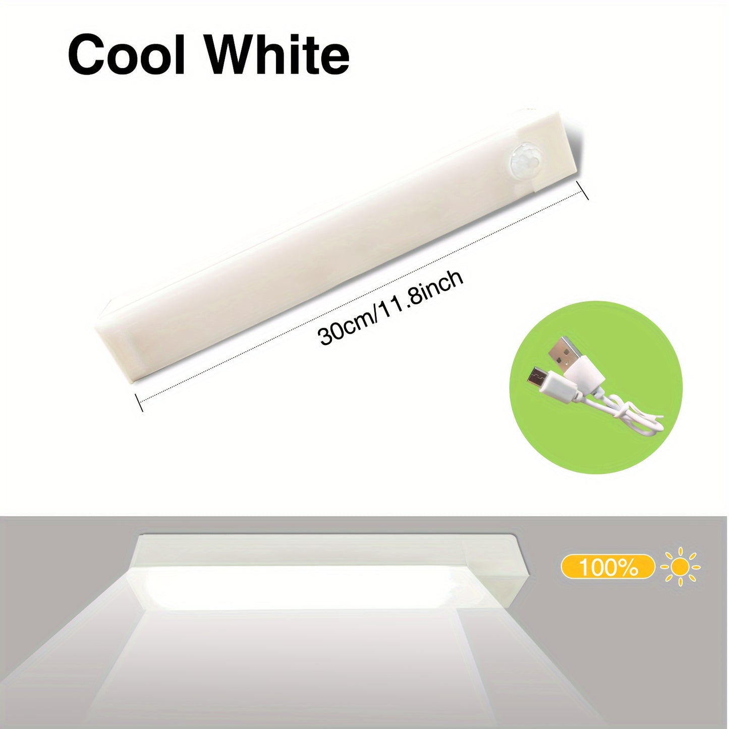 USB Rechargeable LED motion sensor light bar for indoor use. White plastic, energy efficient, and durable. Suitable for various spaces including walls, cabinets, pantries, staircases